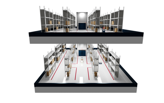 Lagerhalle mit automatisiertem Güteraufzug und FTS/AMR.