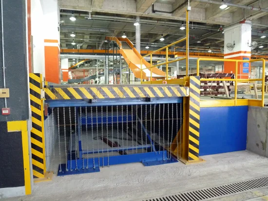 Hydraulic Lödige truck dock inside a cargo terminal, used for the safe and efficient transfer of air cargo units during parcel and mail handling processes.